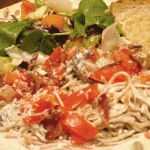 Spaghetti Alfredo with Bacon, Mushrooms and Tomato