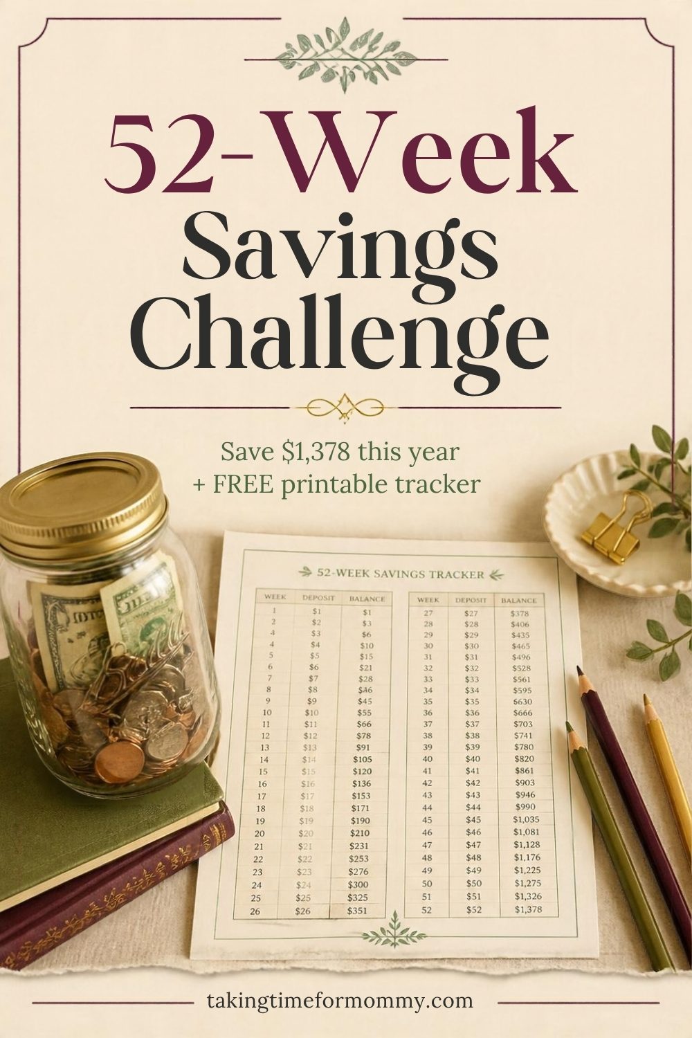 The 52-Week Savings Challenge: Save $1,378 This Year (Free Printable)