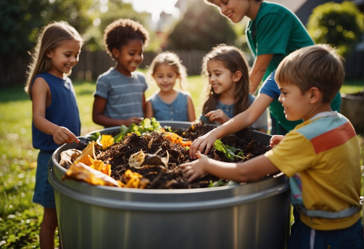 Children adding food scraps to a backyard compost bin