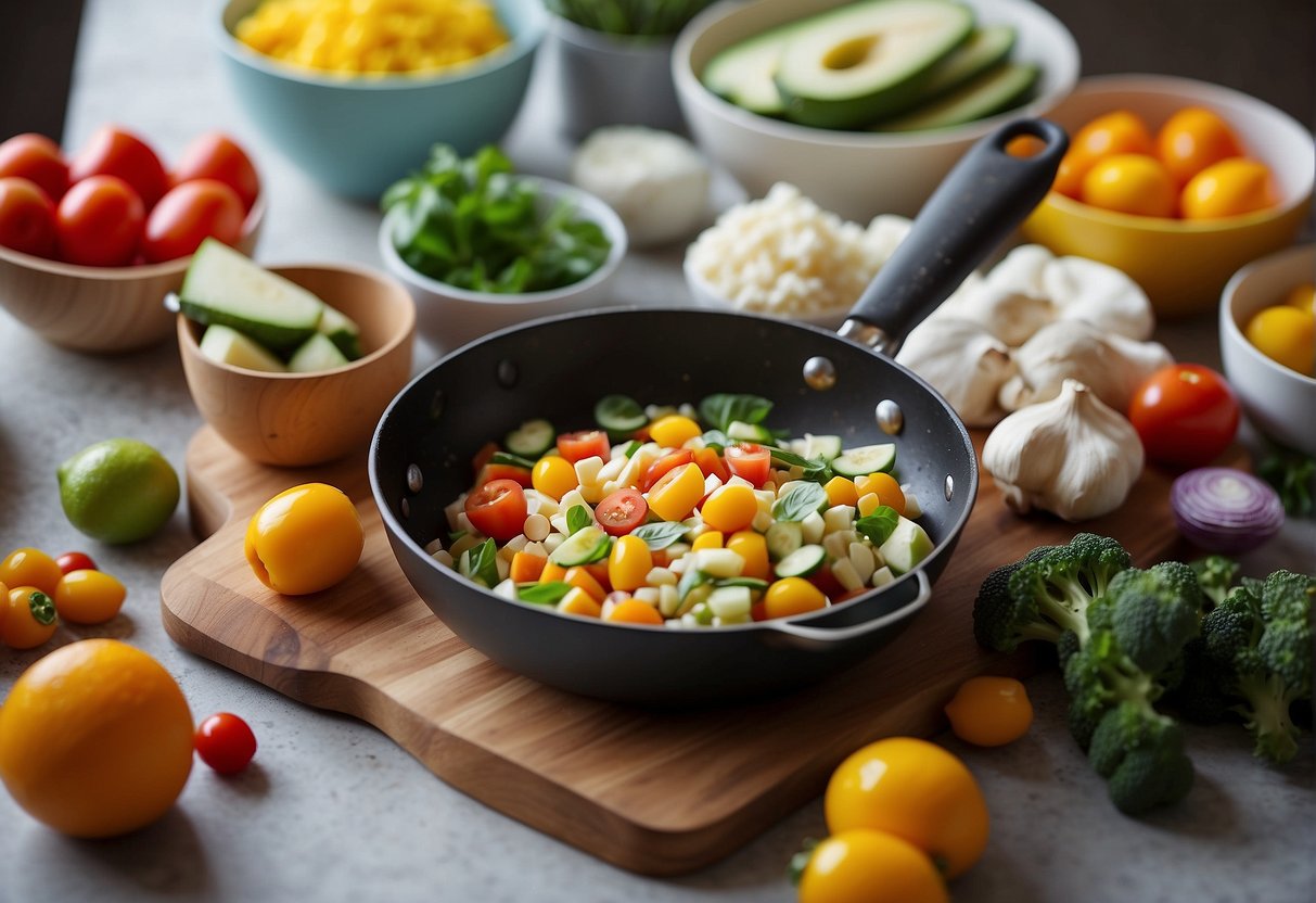 Colorful vegetable stir fry in a skillet surrounded by fresh ingredients