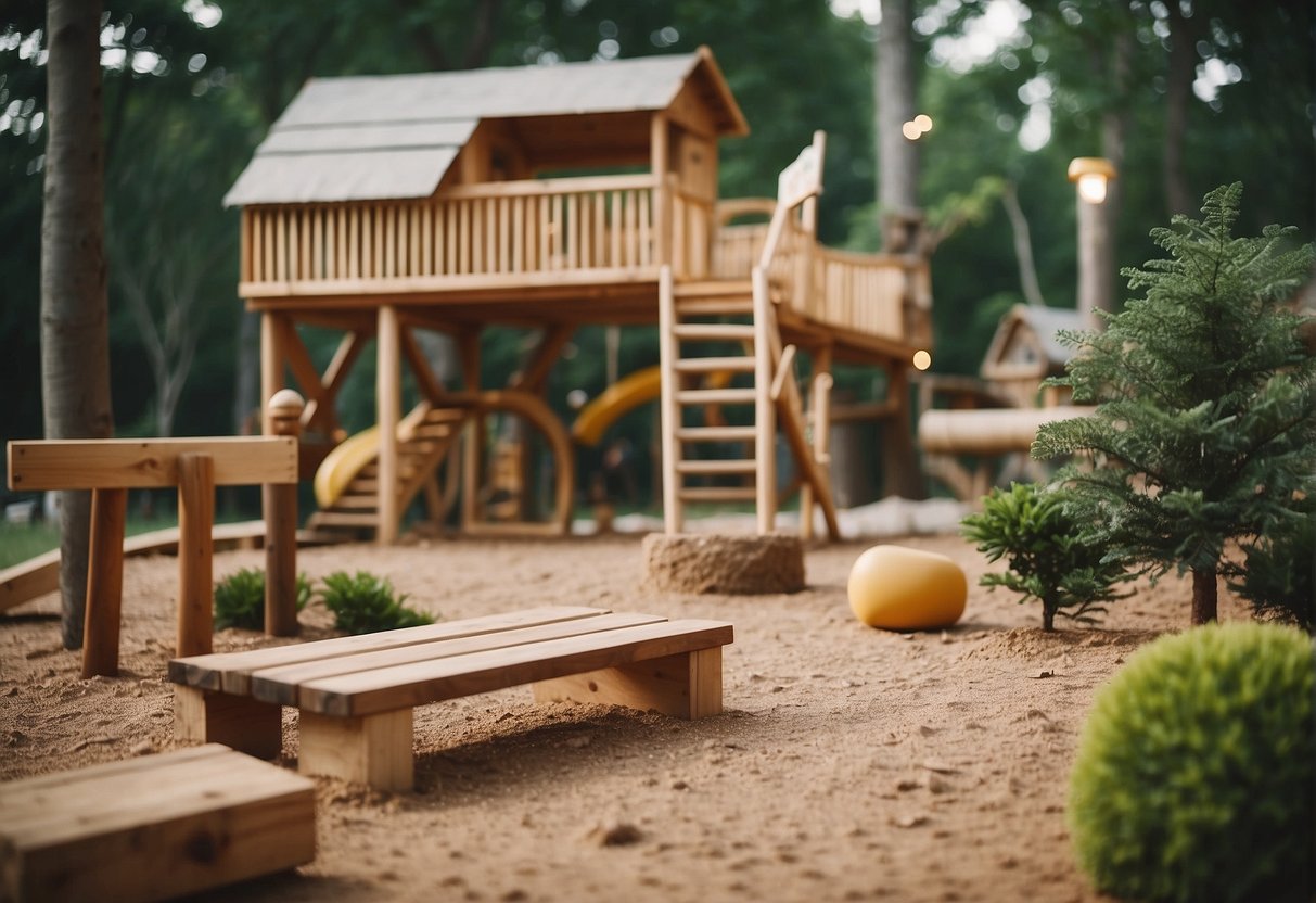 Simple wooden play fort with a sandy play area and benches
