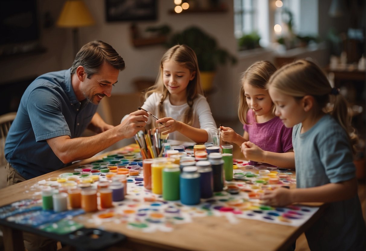 Family working together on a colorful craft project at a table
