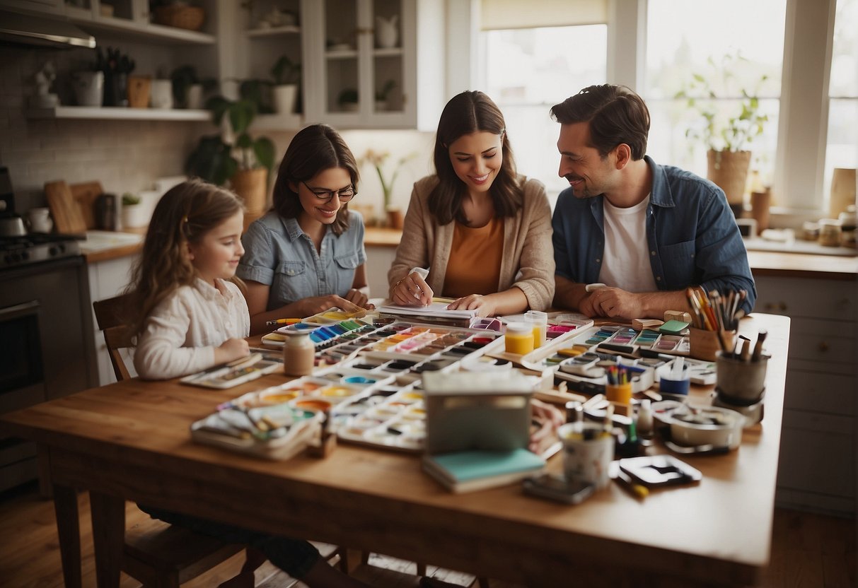 Family gathered around a table full of craft supplies