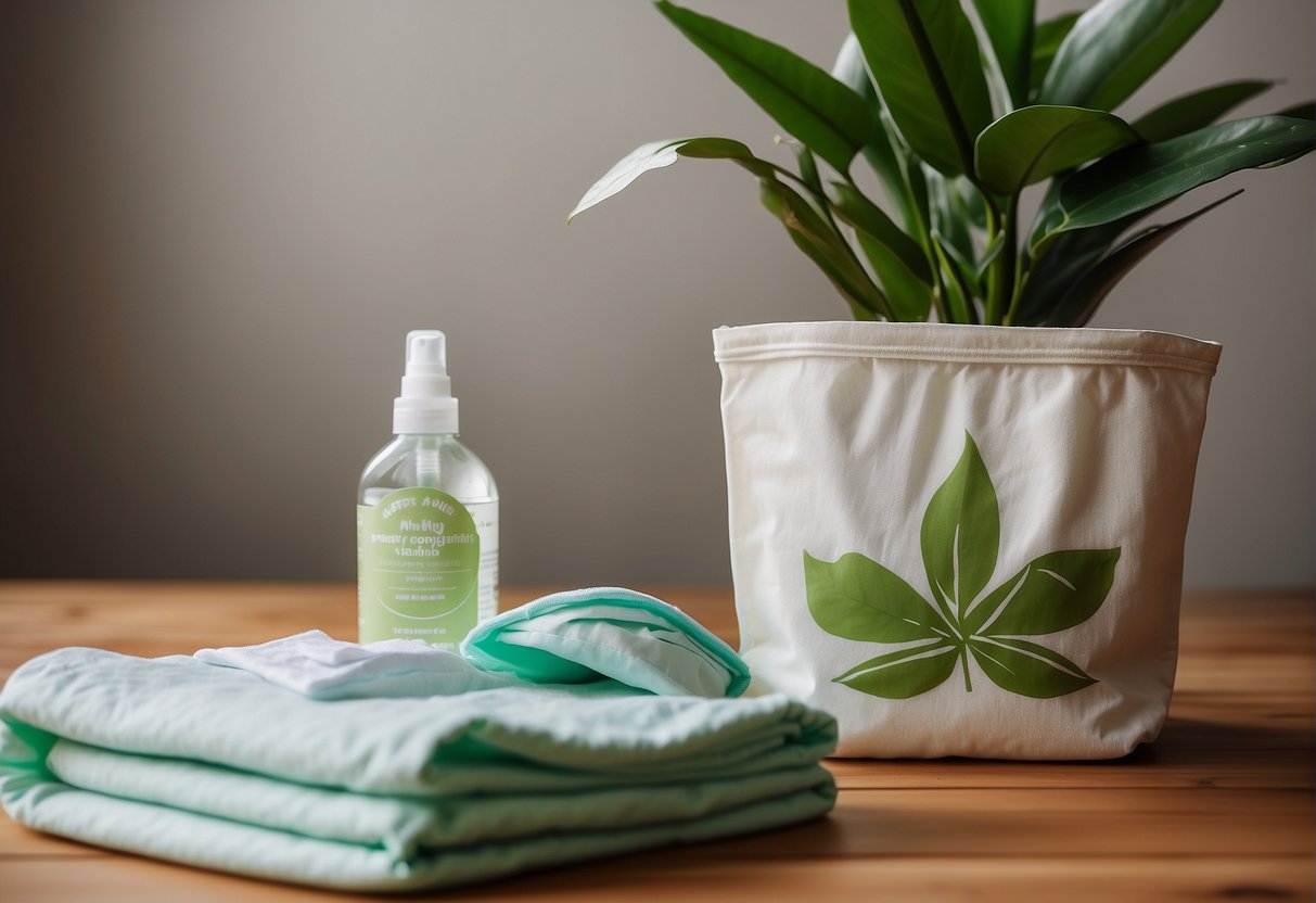 Reusable cloth towels, a spray bottle and a potted plant on a table