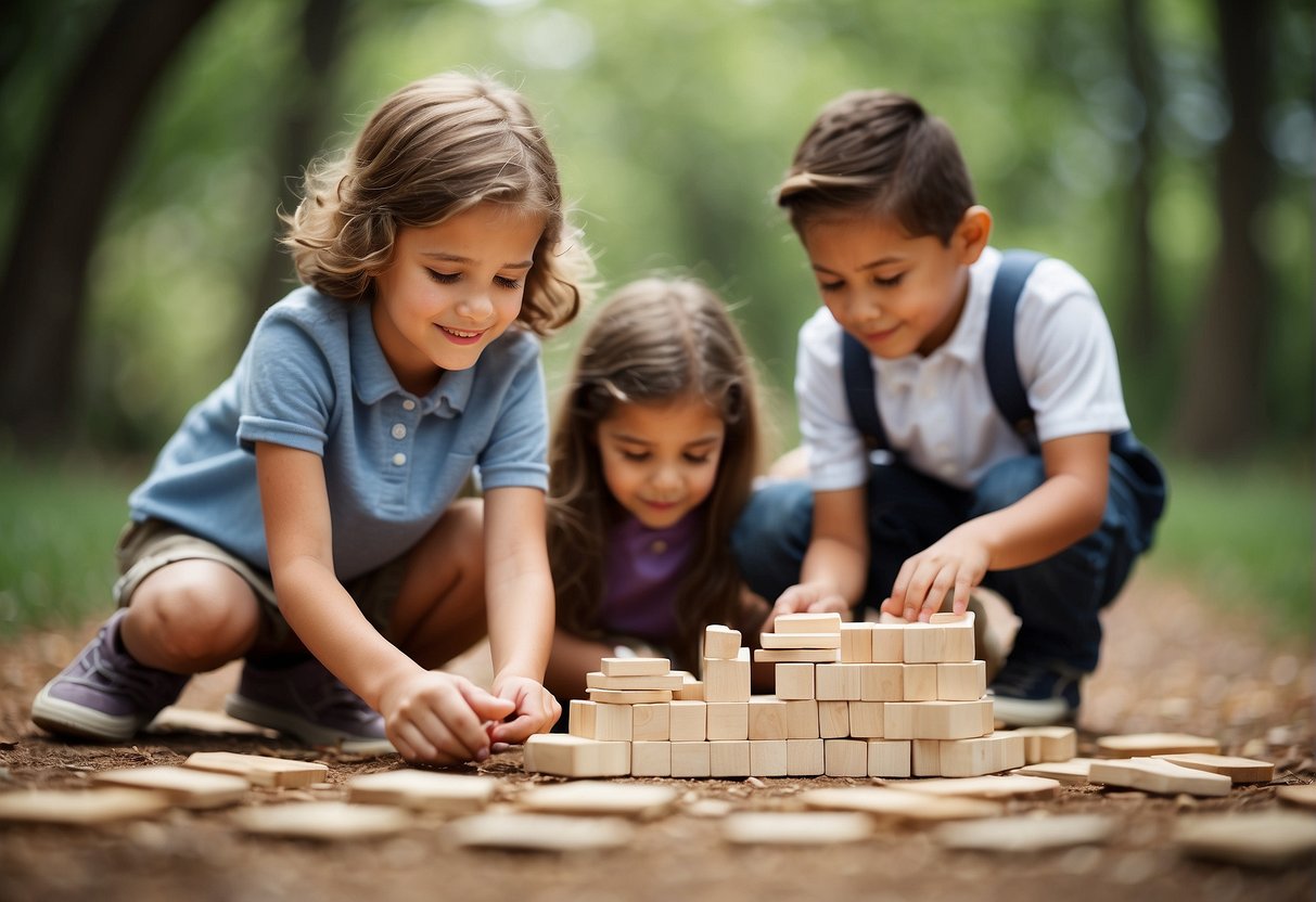 Children building with wooden blocks together