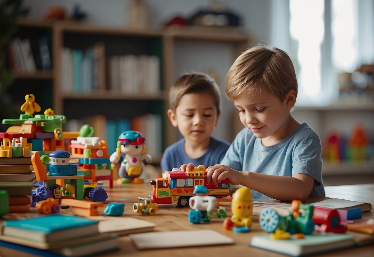 Kids playing with colorful building toys on a playroom floor