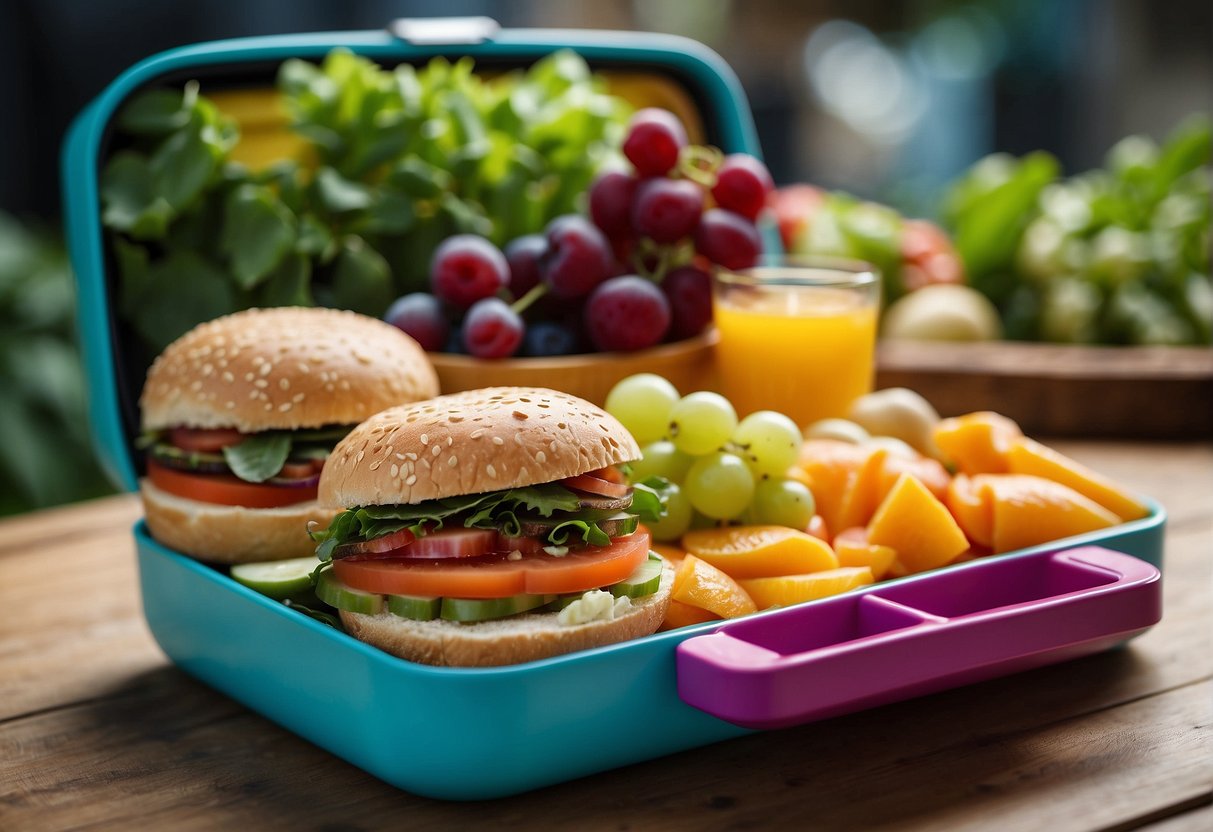 Colorful bento lunchbox with sandwiches, grapes and veggies