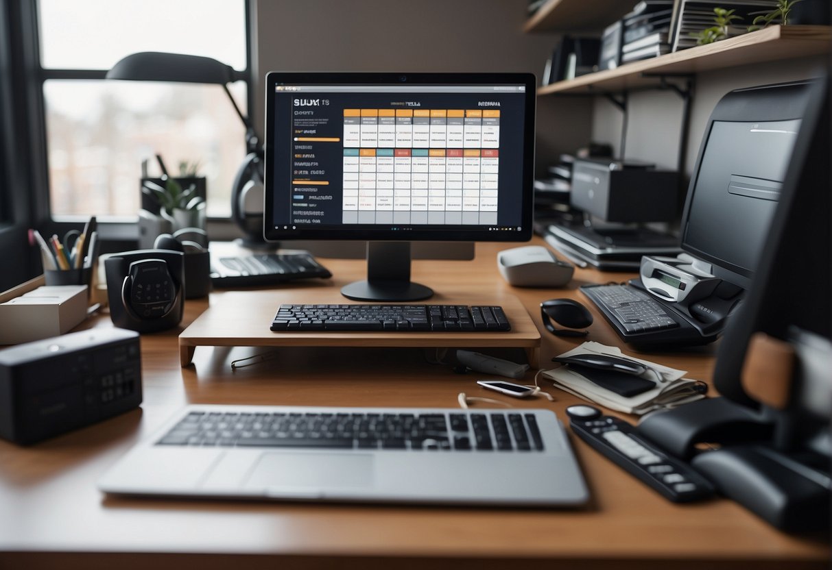 Organized home office desk with a computer, shelves and supplies