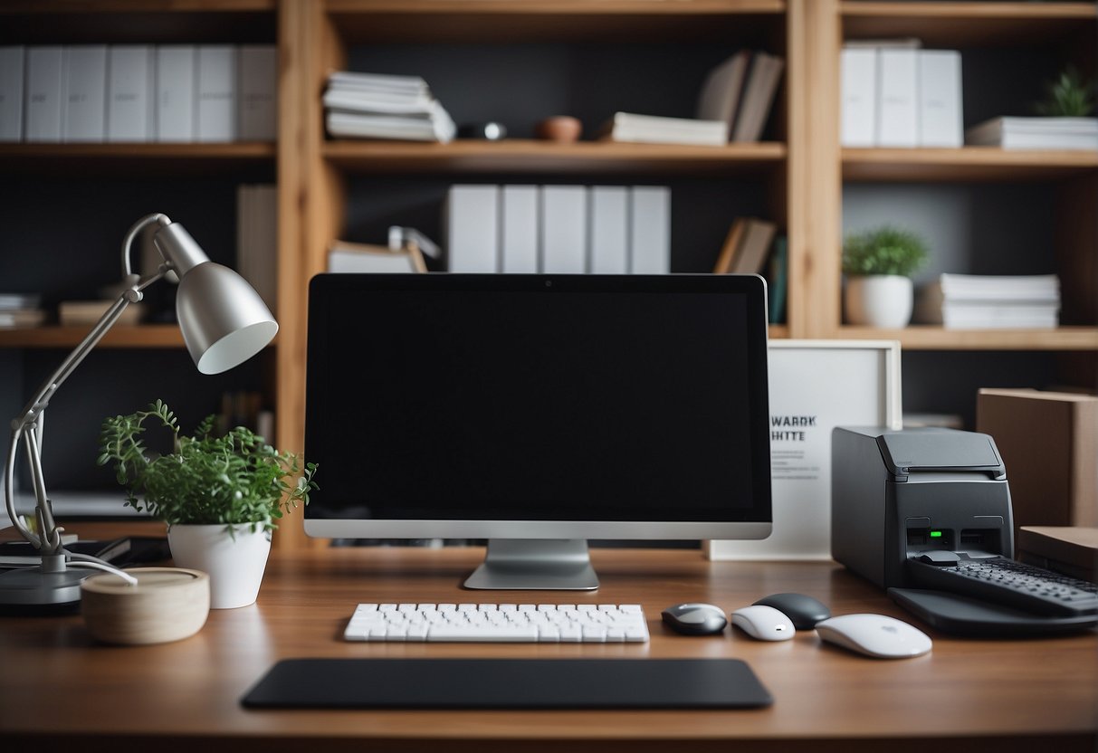 Small home office with a monitor, desk lamp and shelves