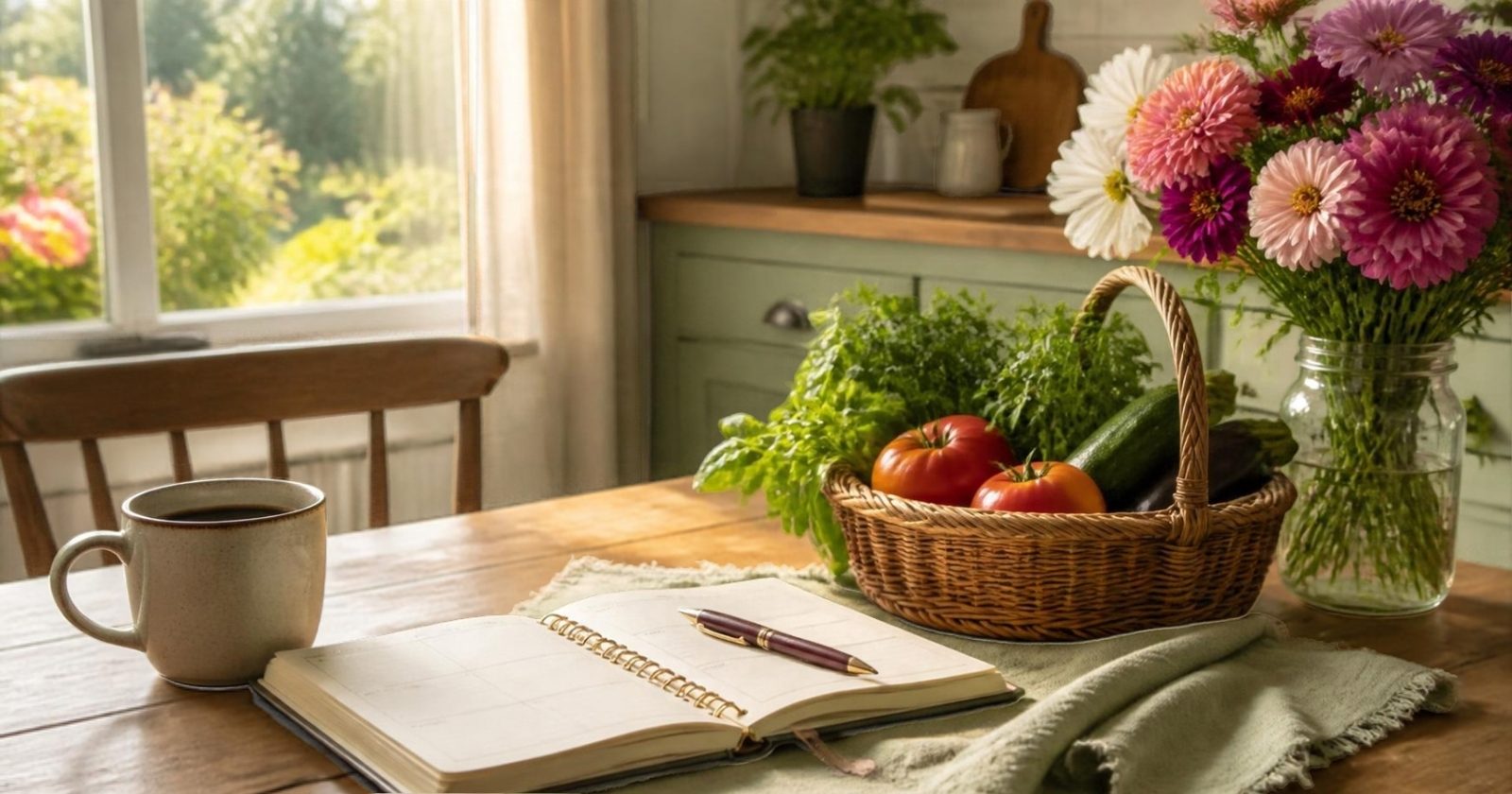 Sunny kitchen with fresh flowers and coffee