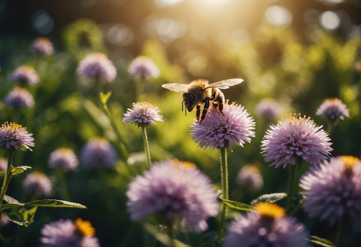 Bee visiting purple flowers in a sunny garden