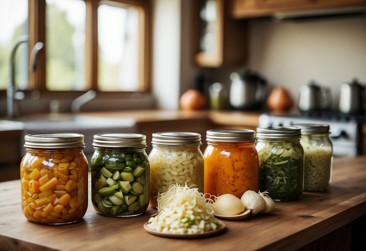 Mason jars of fermented vegetables on a kitchen counter