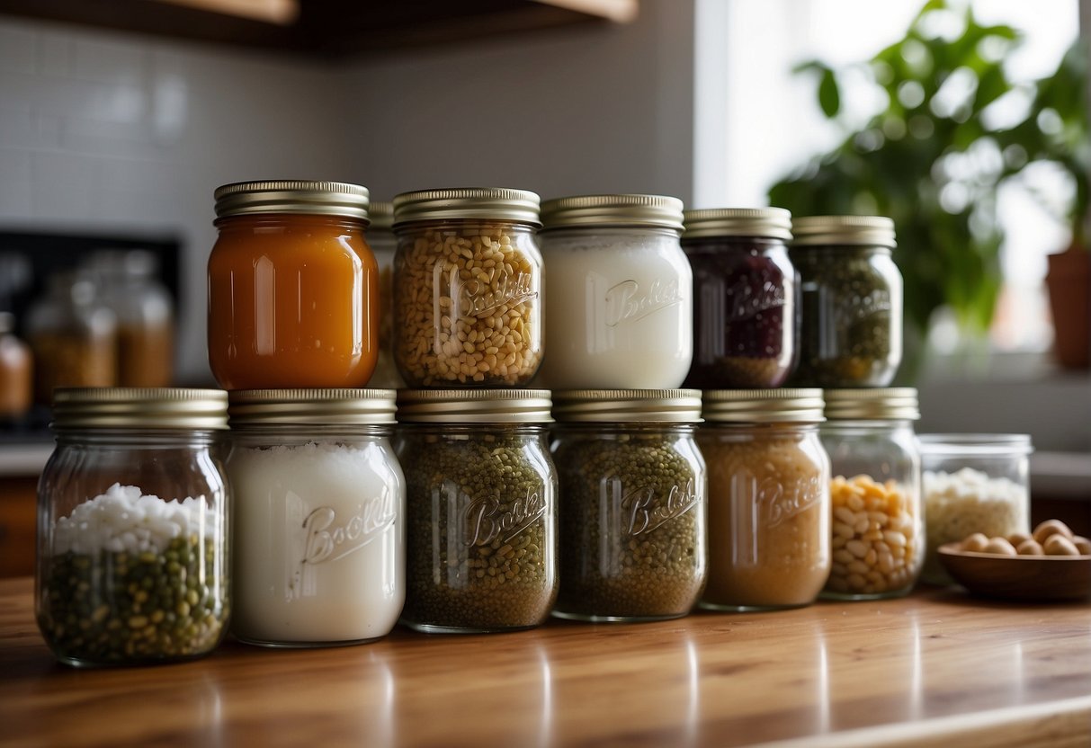 Row of glass jars filled with homemade preserved foods