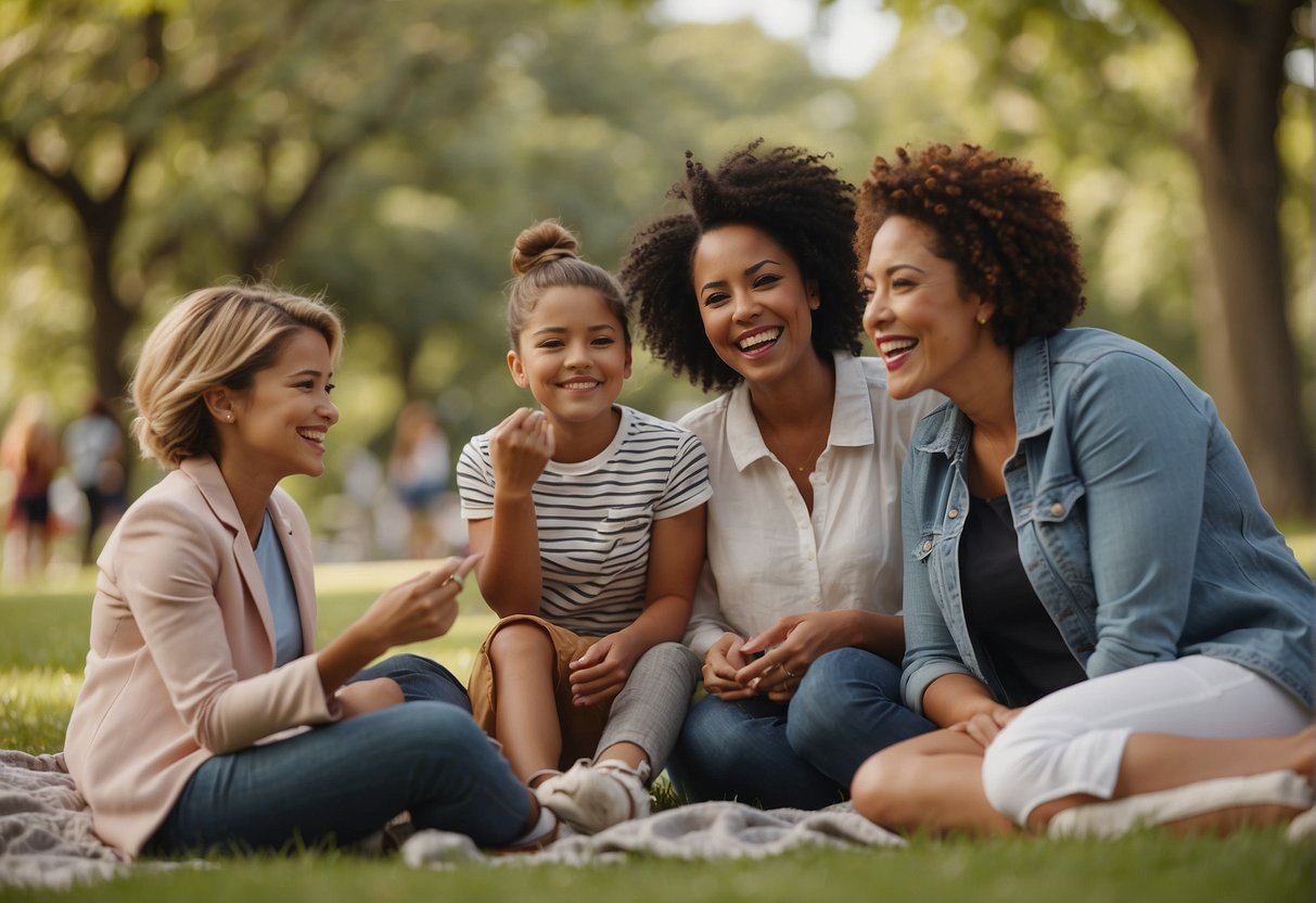 Group of moms and kids laughing together at a park
