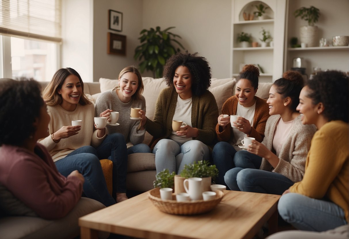 Women sharing coffee and conversation in a cozy living room