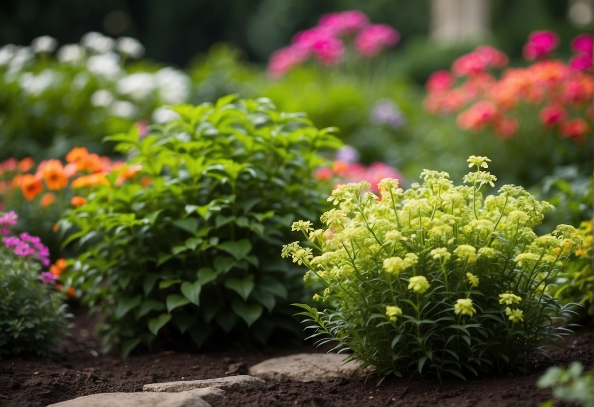Garden bed full of blooming perennials and green shrubs