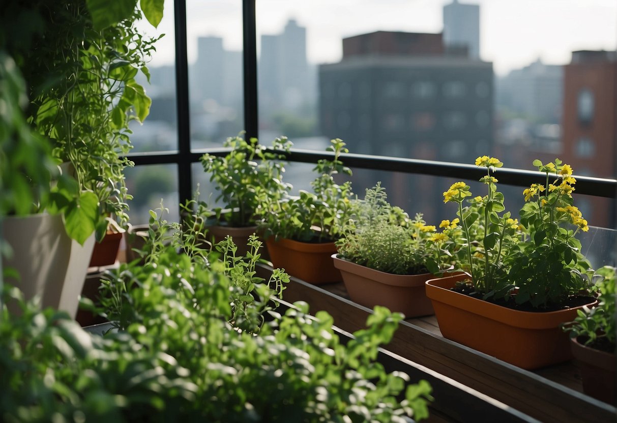 Container garden with herbs and flowers on a sunny balcony