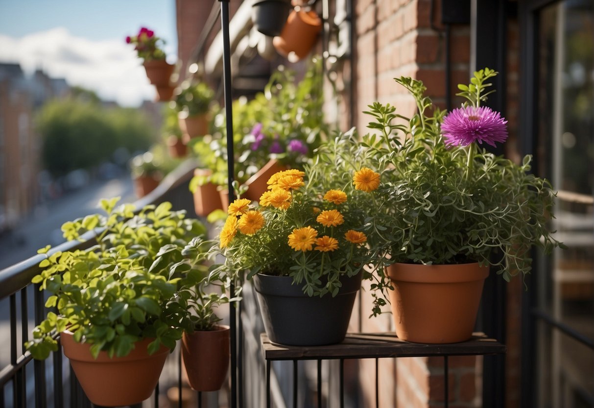 Vegetables and herbs growing in pots along a city balcony railing