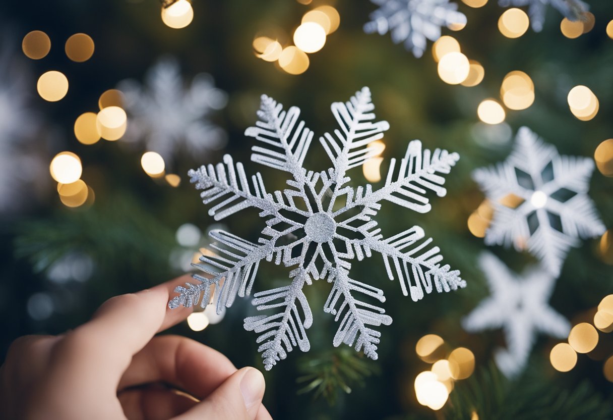 Child holding a white paper snowflake in front of twinkle lights